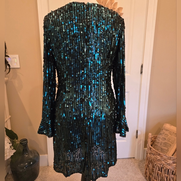 Aidan Mattox Blue Sequin Sheath Dress with Bell Sleeves - Picture 5 of 9
